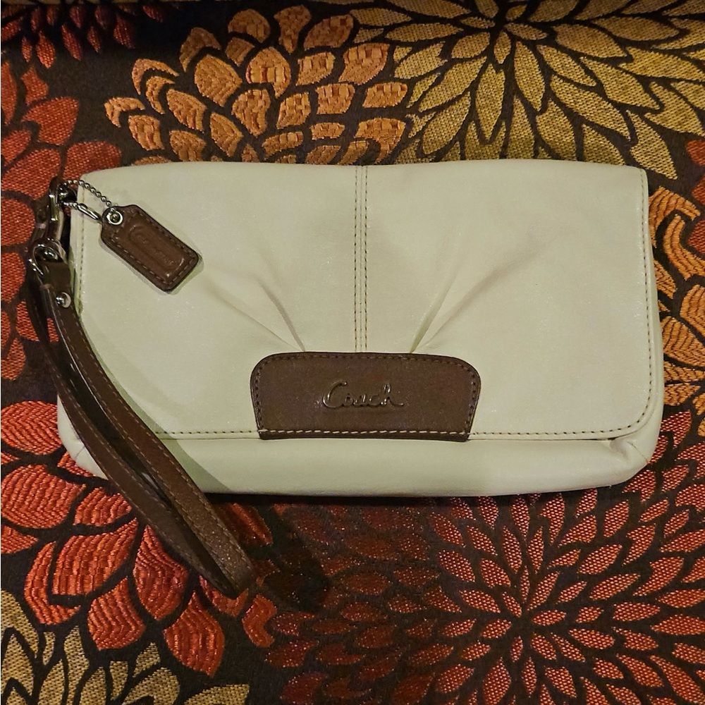 Coach Ashley Cream and Brown Leather Wristlet Clutch
